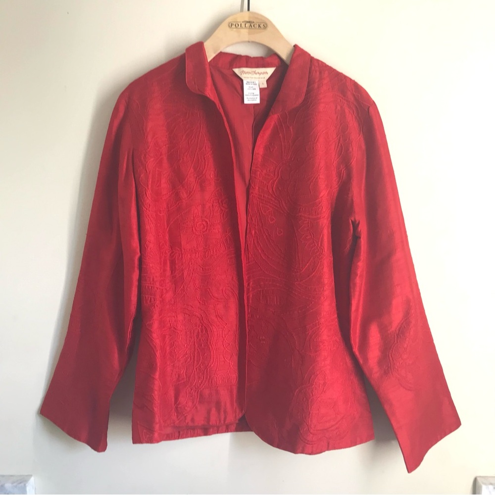 Norm Thompson Vintage Silk Red Embroidered Open Front Blazer Jacket size S